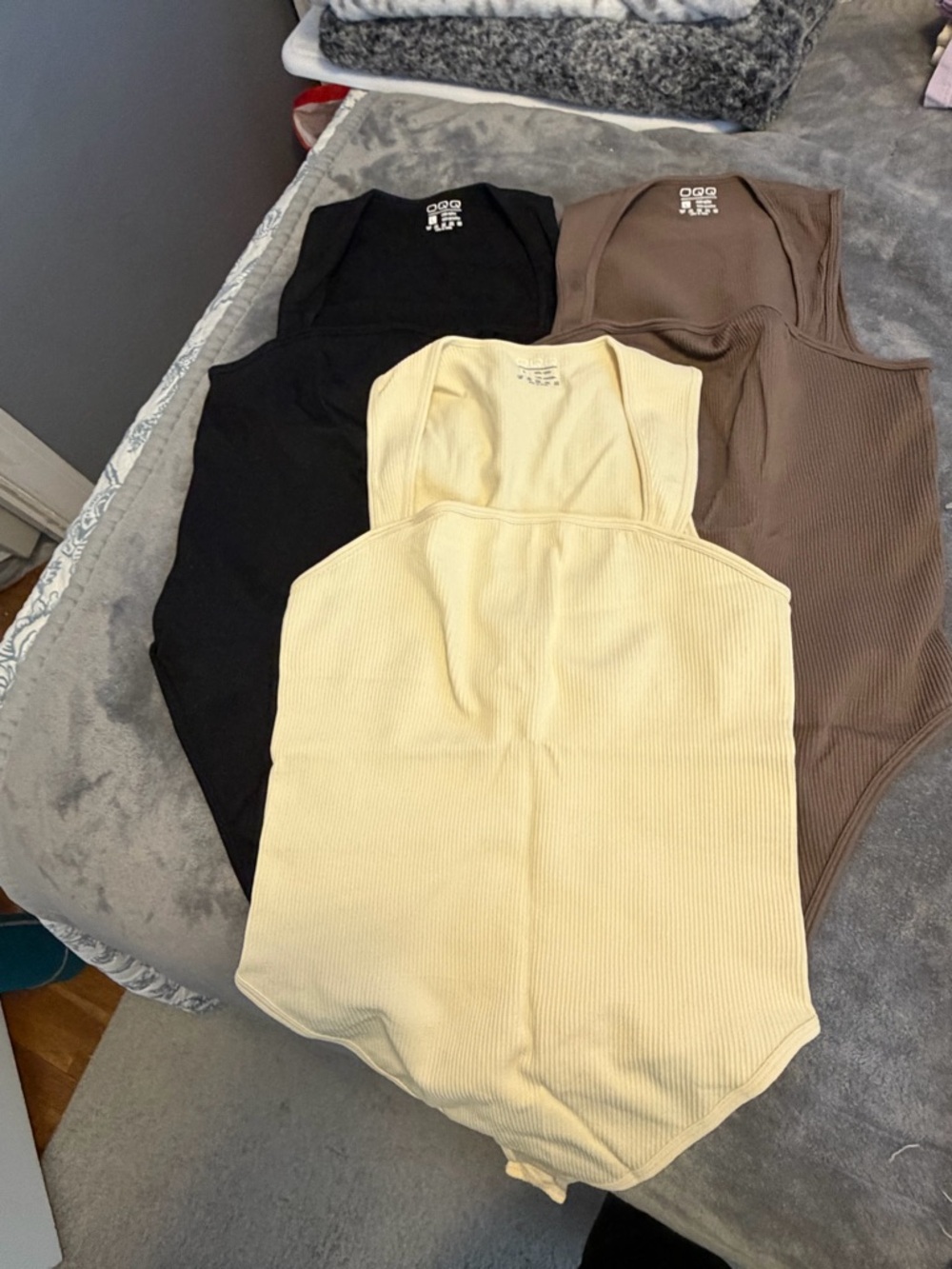 Ribbed Scoop Neck Bodysuit - Cream, Black & Brown (3-Pack)